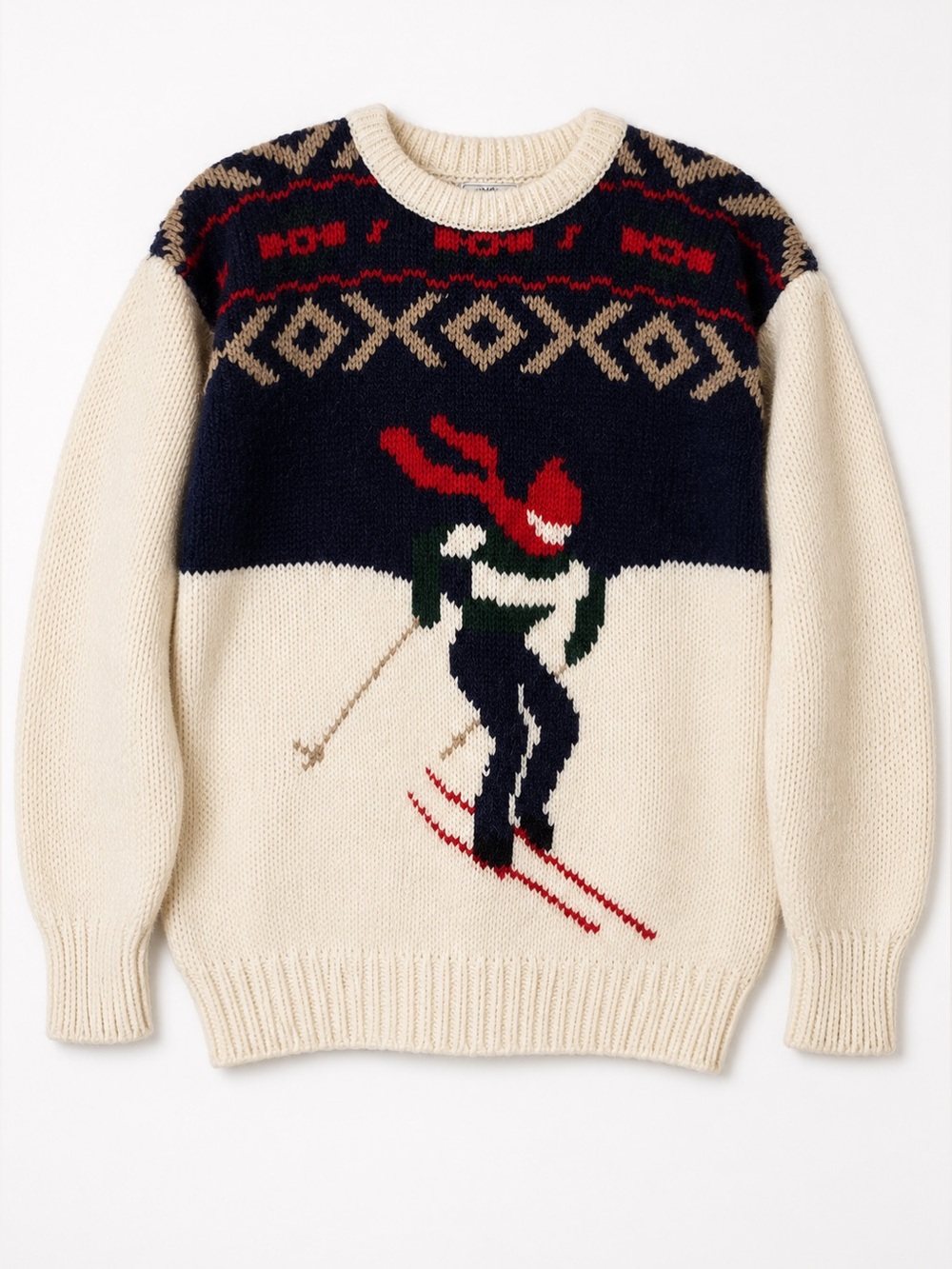 Vintage Ski Sweater Nordic Knit Wool Blend Après Ski Large Cream